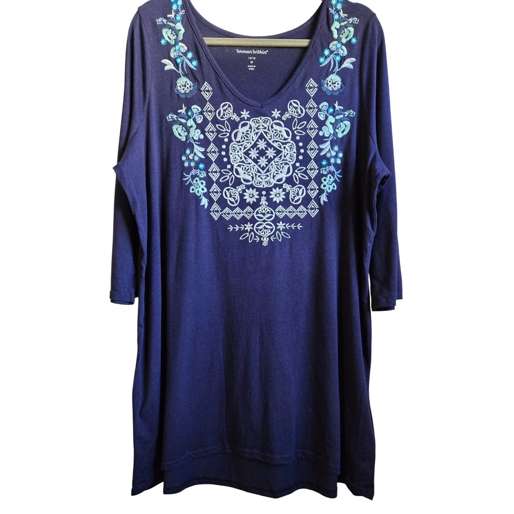 Woman Within Size 14/16 Boho Navy Blue Embroidered V-Neck Tunic Top 3/4 Sleeve